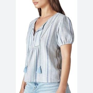 Lucky Brand  Open  Neck Embroidered Tassel Peasant Top